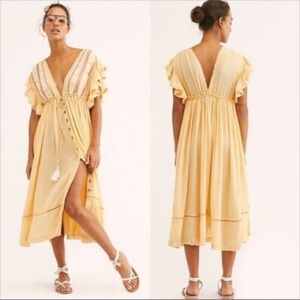 Free People Pale Yellow Flutter Sleeve Embroidered Midi Dress